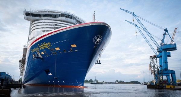 Carnival Jubilee moves into its next phase of construction alongside the shipyards outfitting pier