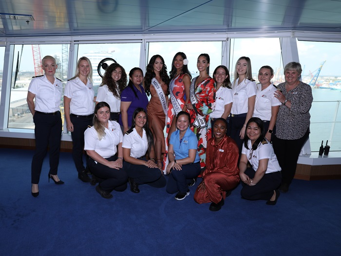 Miss Universe Titleholders meet with officers on Carnival Vista