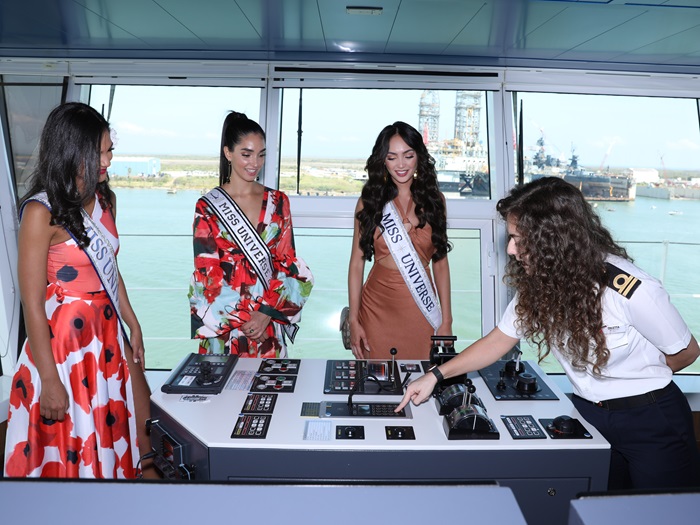 Second Officer Diletta Barbato introduces Miss Universe Titleholders to the bridge